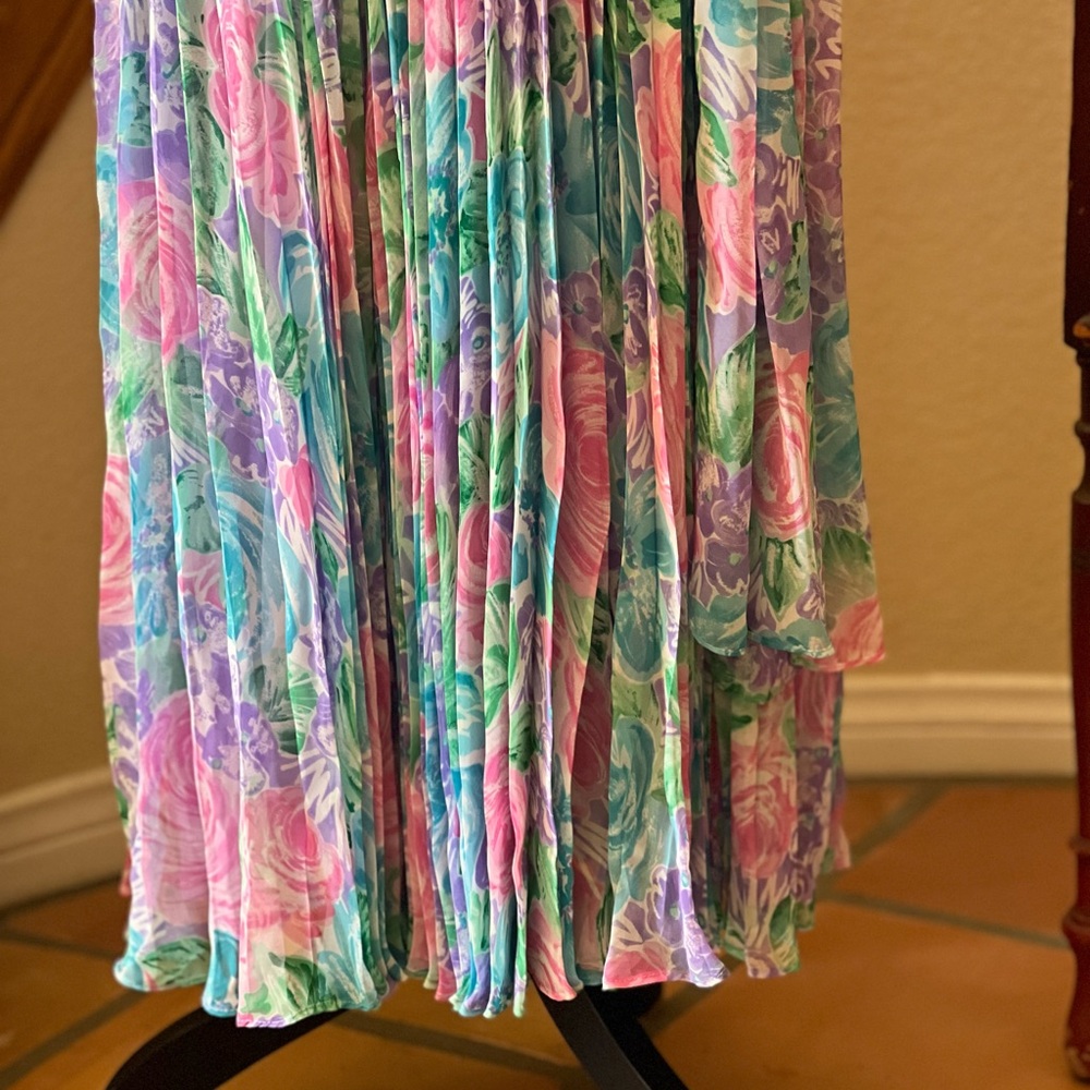 Vintage 80’s Diane Freis Sz 6 Floral Georgette Pink Purple Blue Tea Length Dress - Picture 4 of 10